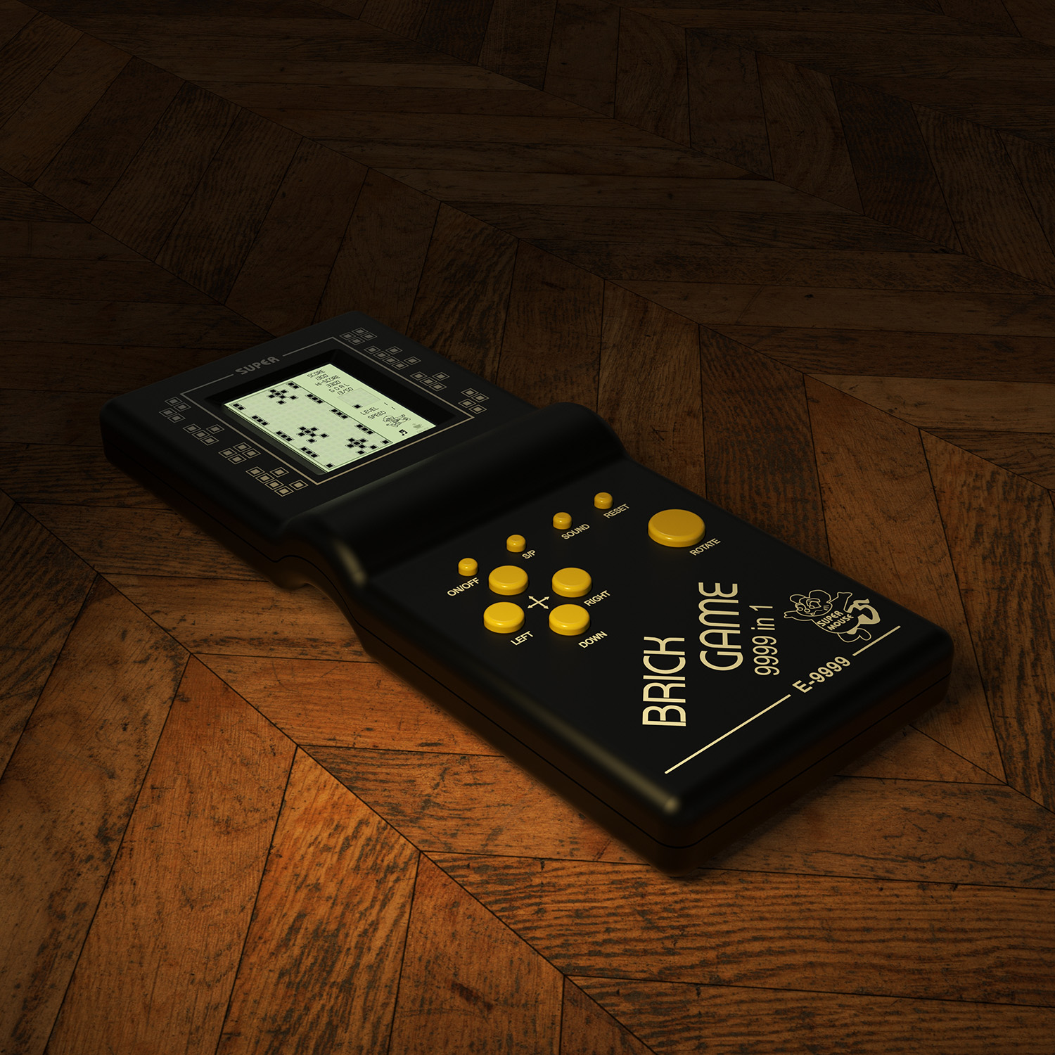 Black Brick Game render on a wooden floor