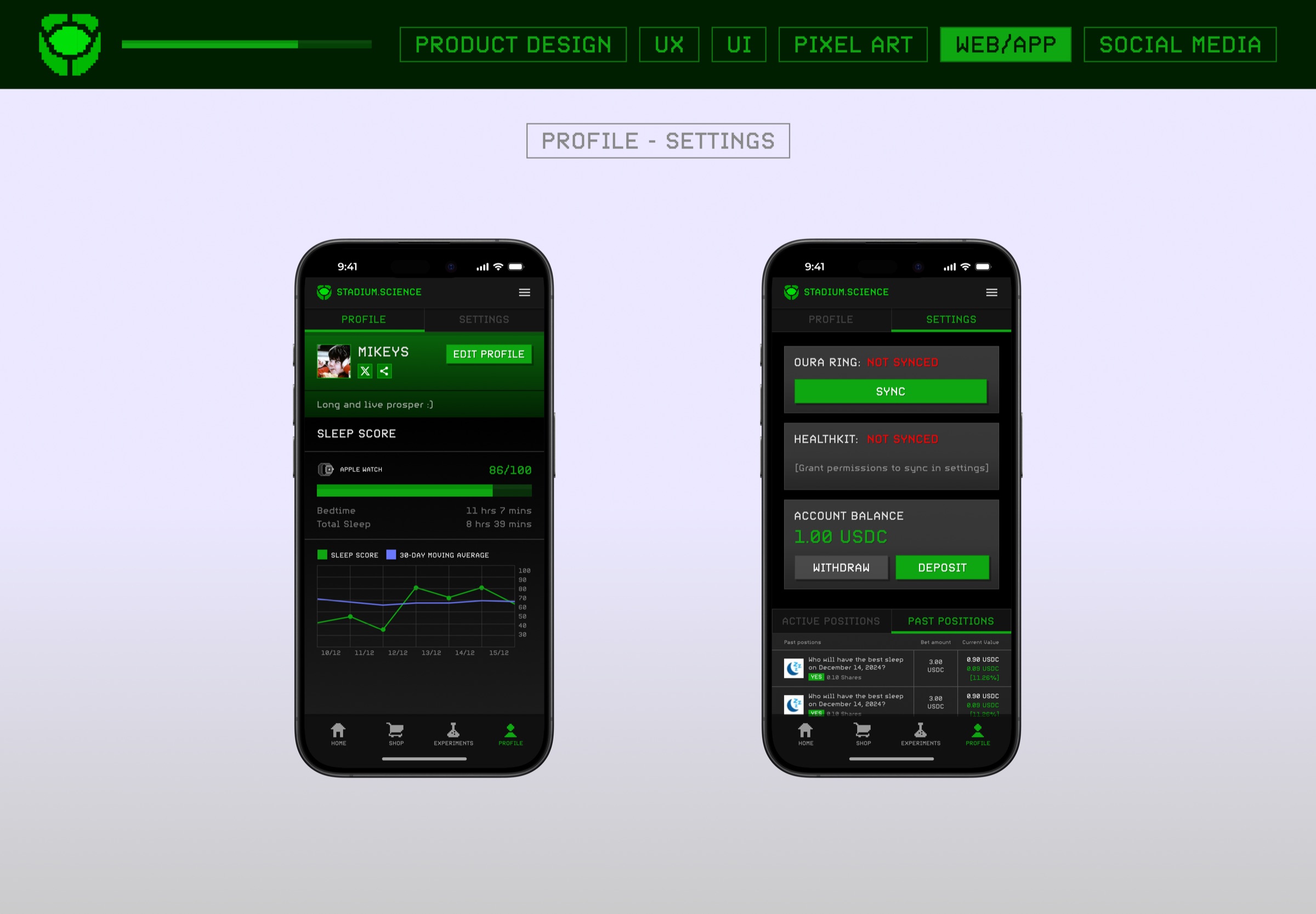 Profile and settings screens