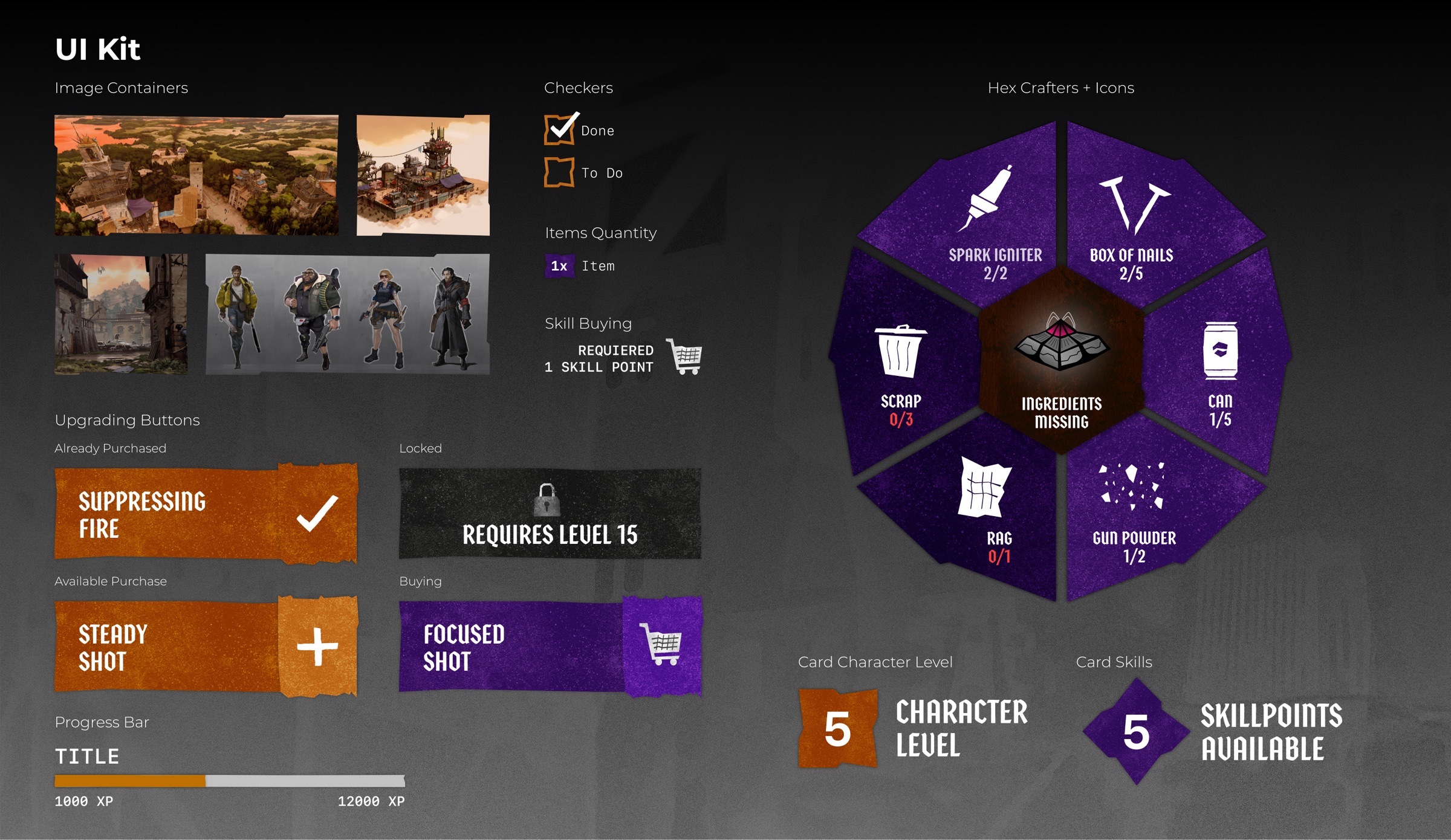 UI kit: buttons, containers and crafting hex